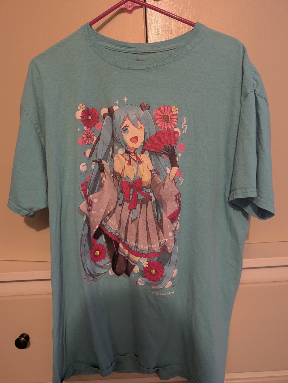 Used Hatsune Miku Anime Graphic Tee - Light Teal Blue with Pink Accent Size XL